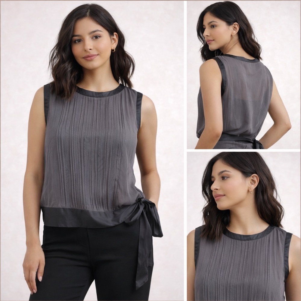 Banana Republic 100% Silk Pleated Blouse Gray Satin Trim Tie Waist TopM Workwear